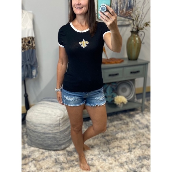 New Orleans Saints Fleur de Lis Contrast Trim Crew Neck  Top Black Ivory 2419 - Picture 4 of 7